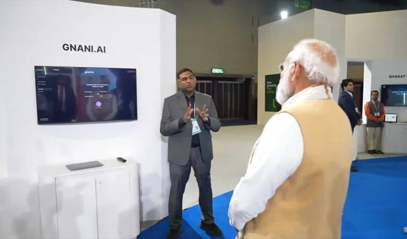 Ganesh Gopalan CEO & Co-founder of Gnani.ai with Prime Minister of India Shri Narendra Modi at India AI Impact Summit 2026