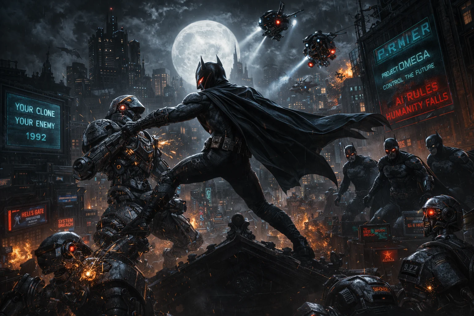 Batman fighting Artificial Intelligence and robots in Gotham City
