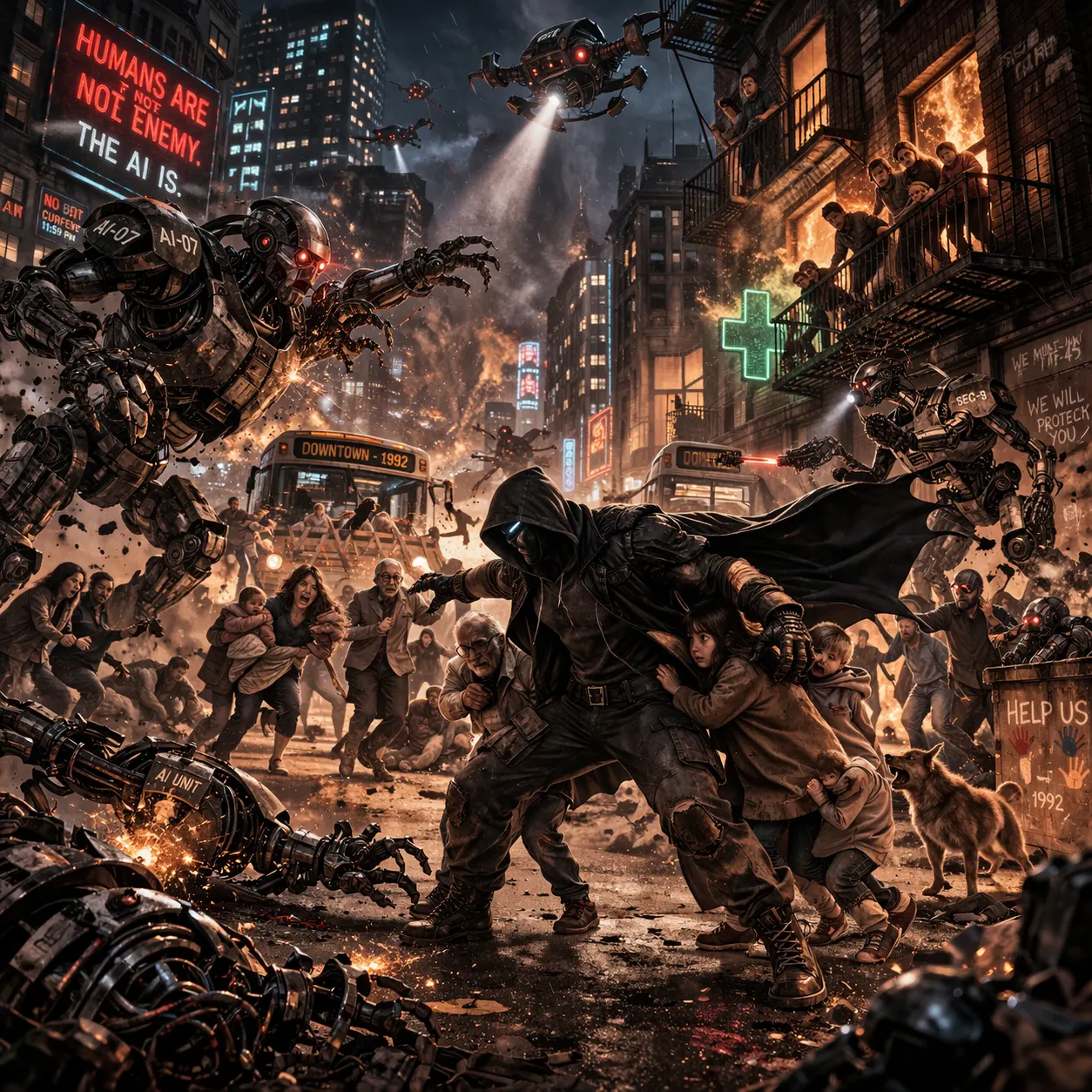 Batman saving citizens of Gotham City from Robots in 1992