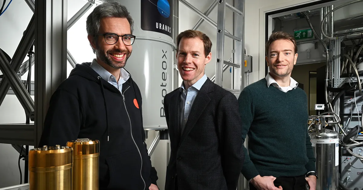Quantum Motion co-founders John Morton (left) and Simon Benjamin (right) with CEO James Palles-Dimmock (middle) at their London HQ.